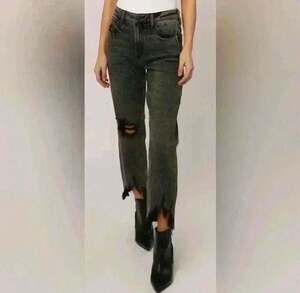 Dear John Size 26 Distressed Black Wash Straight Leg Jeans Raw Hem Grunge Y2K